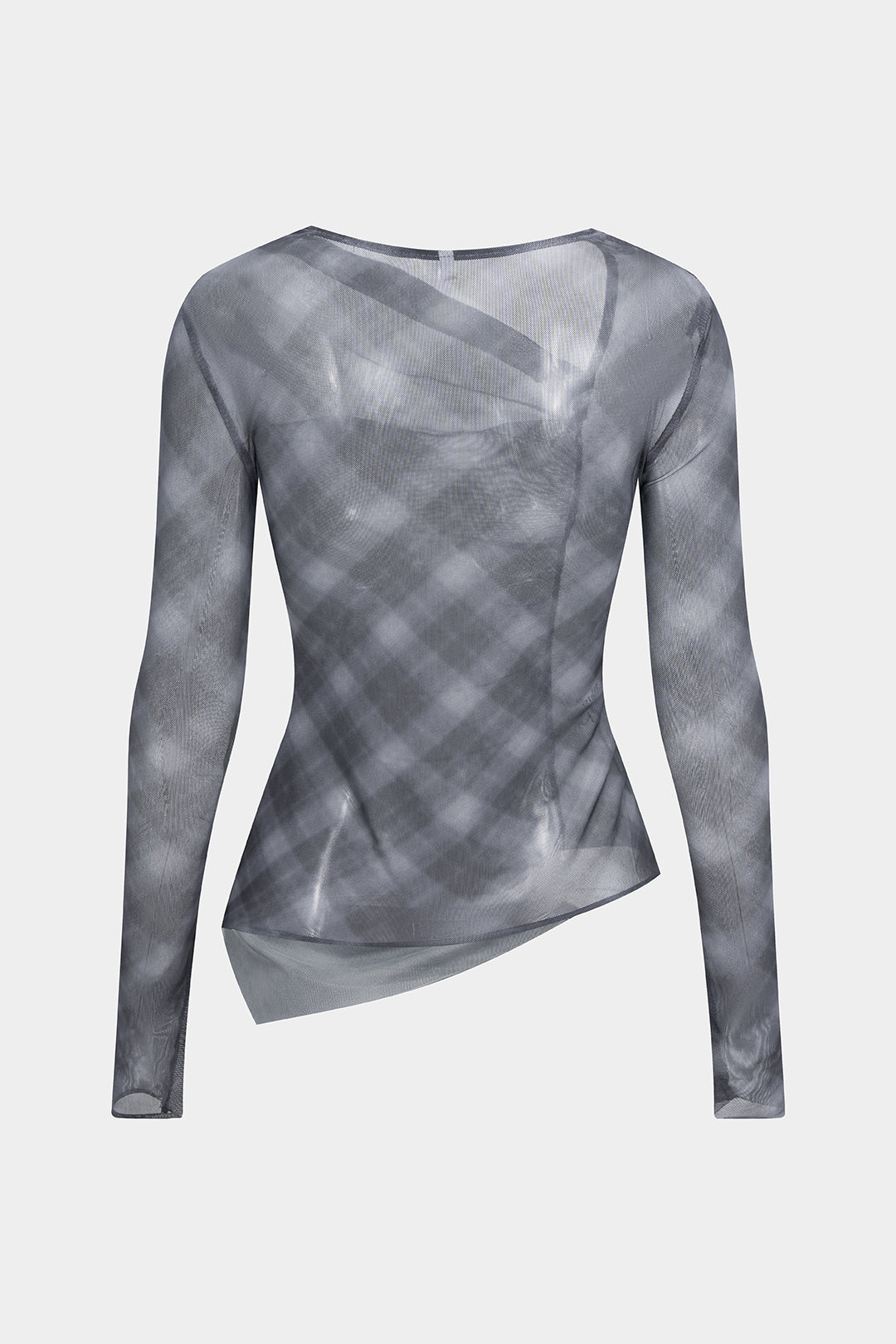 Plaid Print Sheer Mesh Asymmetrical Ruched Top