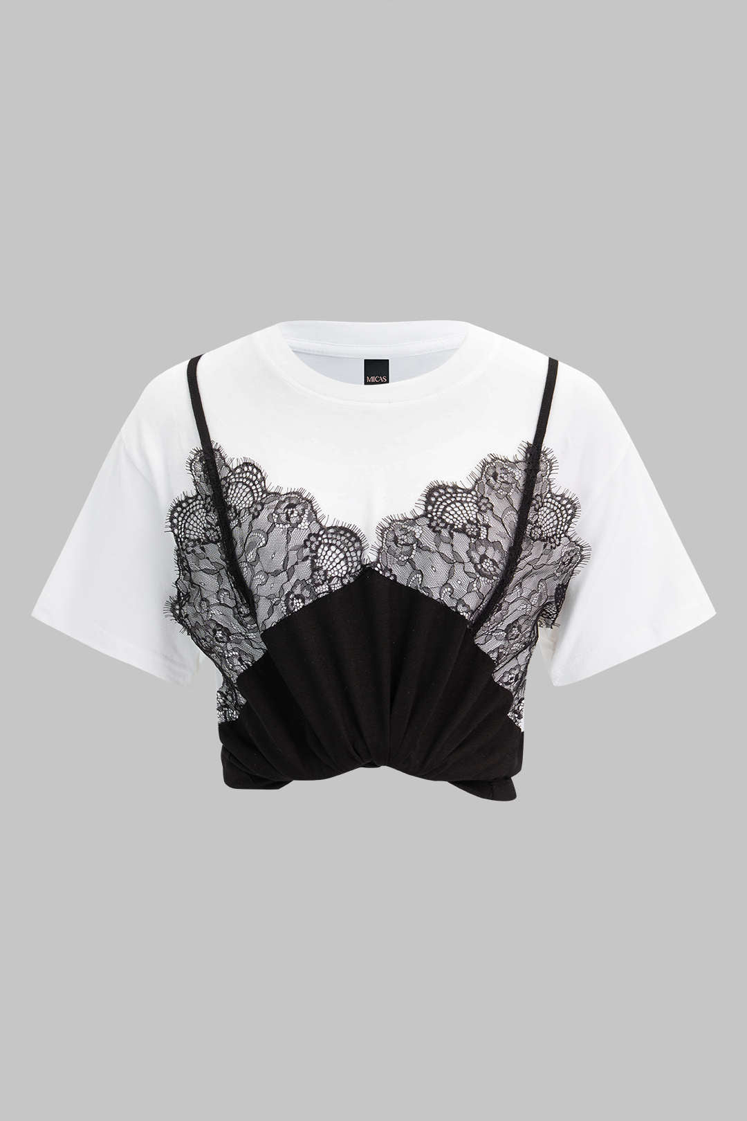 Kontrast-Spitzen-Patchwork Rundhals-Kurzarm-T-Shirt