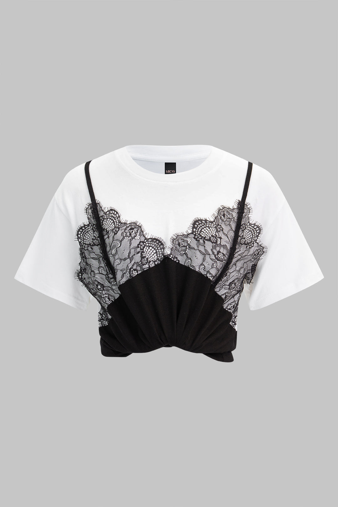 Contrast Lace Patchwork Round Neck Short Sleeve T-Shirt