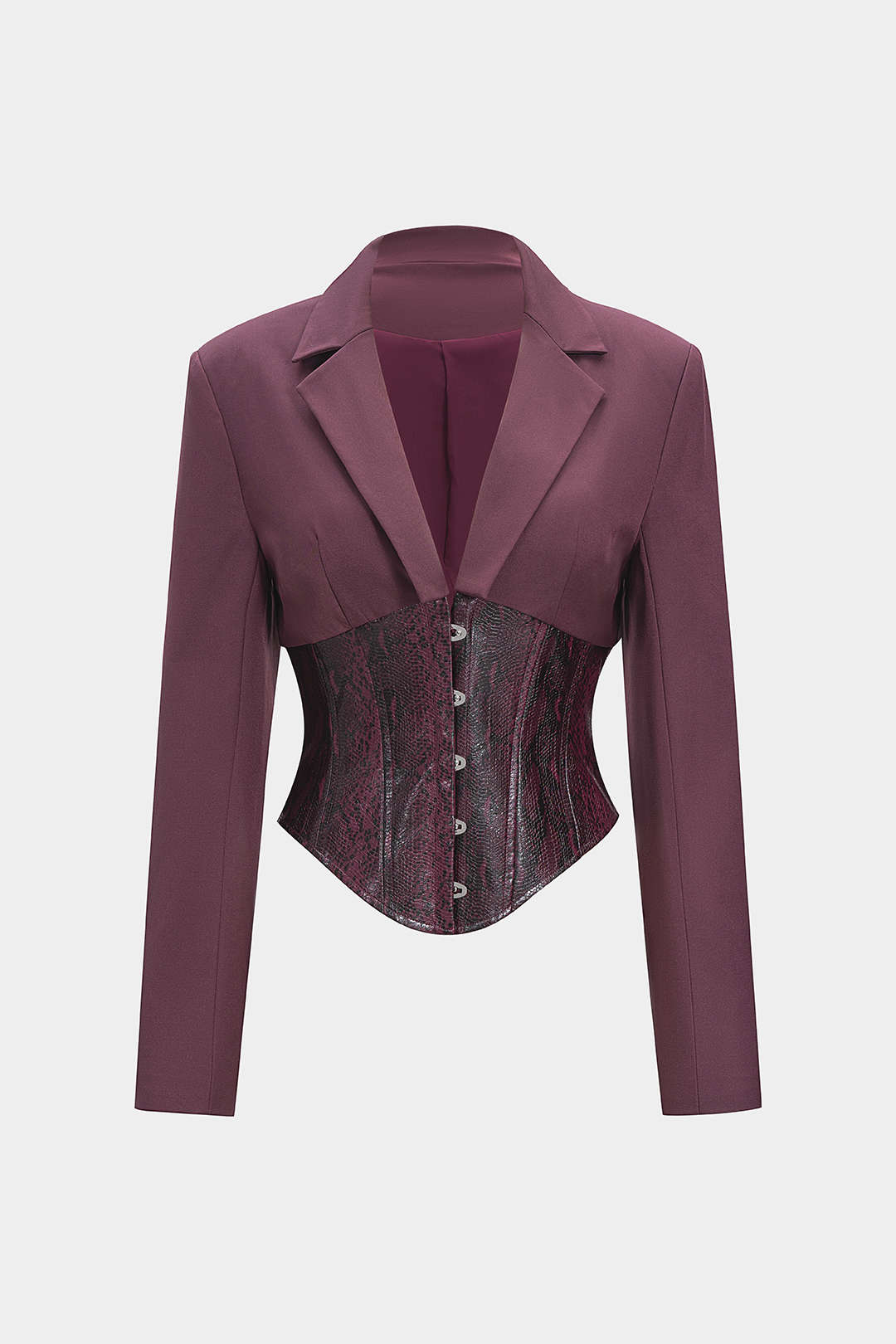 Blazer mit Schlangenlederprint aus Kunstleder, Haken- und Ösenverschluss und gekerbtem Revers
