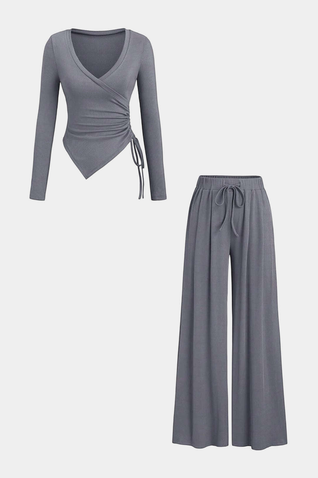 Zweiteiler-Set aus gerafftem Langarm-Oberteil mit V-Ausschnitt und Tunnelzug und Hose mit weitem Bein