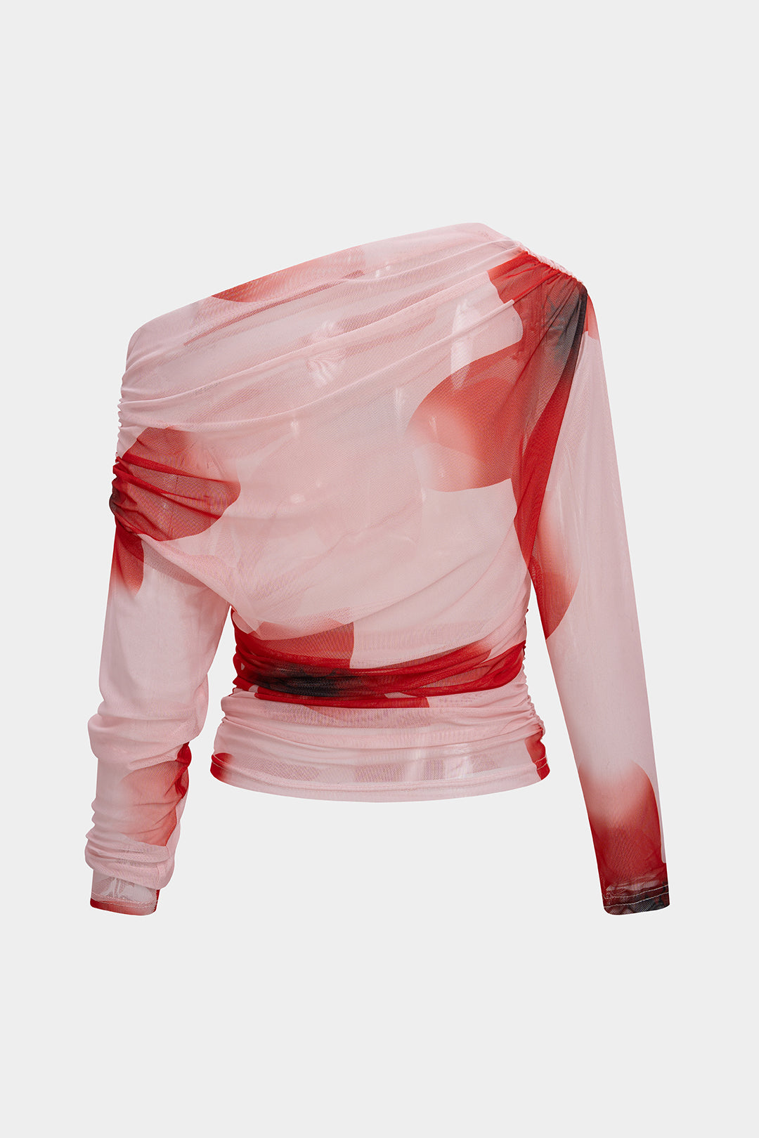 Floral Print Mesh One Shoulder Ruched Long-Sleeve Top