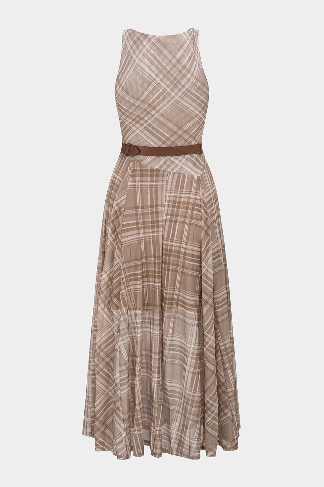 Kariertes Netzstoff-Kleid mit Twist-Knoten, Rundhalsausschnitt, Gürtel und ärmellosem Midirock