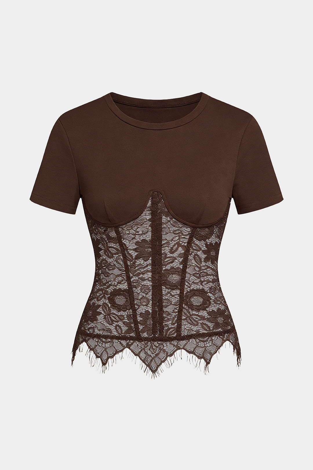 Spitzen-Patchwork Rundhals Kurzarm-T-Shirt
