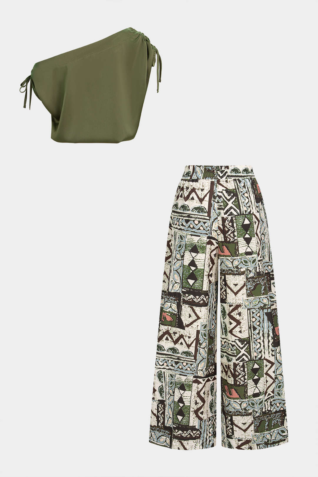 Satin-One-Shoulder-Sleeveless-Top mit Bindedetail und Hose mit weitem Bein und geometrischem Muster