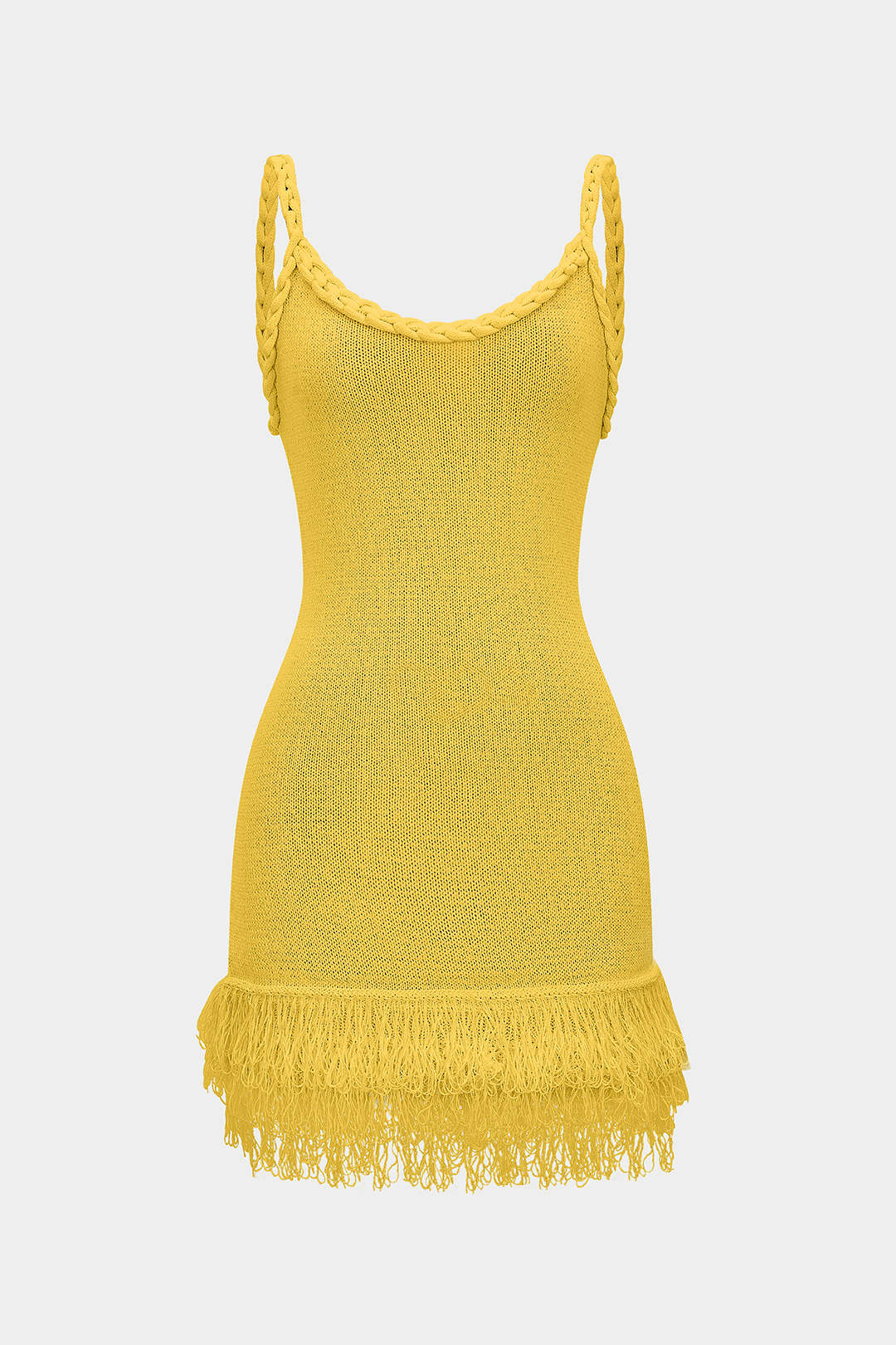 Robe Courte Sans Manches Dos Nu Tressé à Franges en Maille Ajoutée