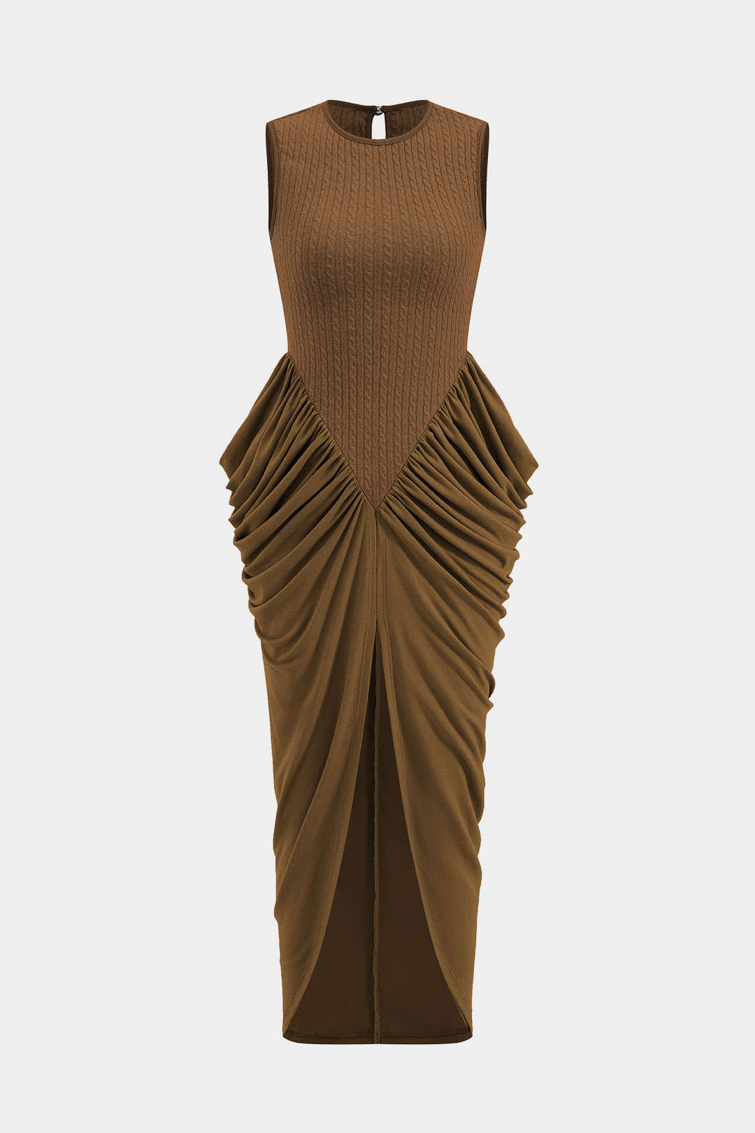Robe longue sans manches froncée à col rond et fente
