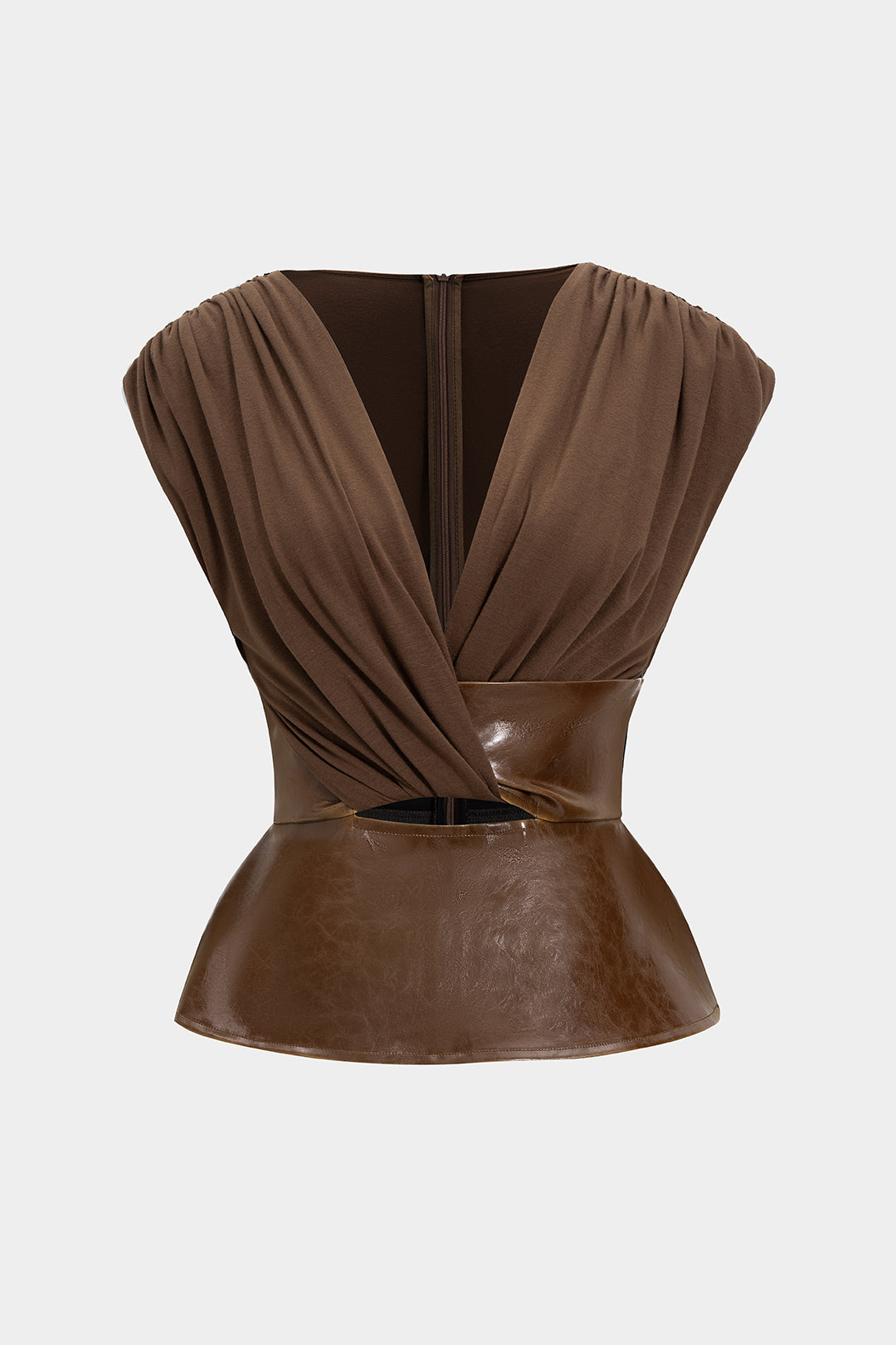 Faux Leather Patchwork Ruched Zipper Short-Sleeve Top