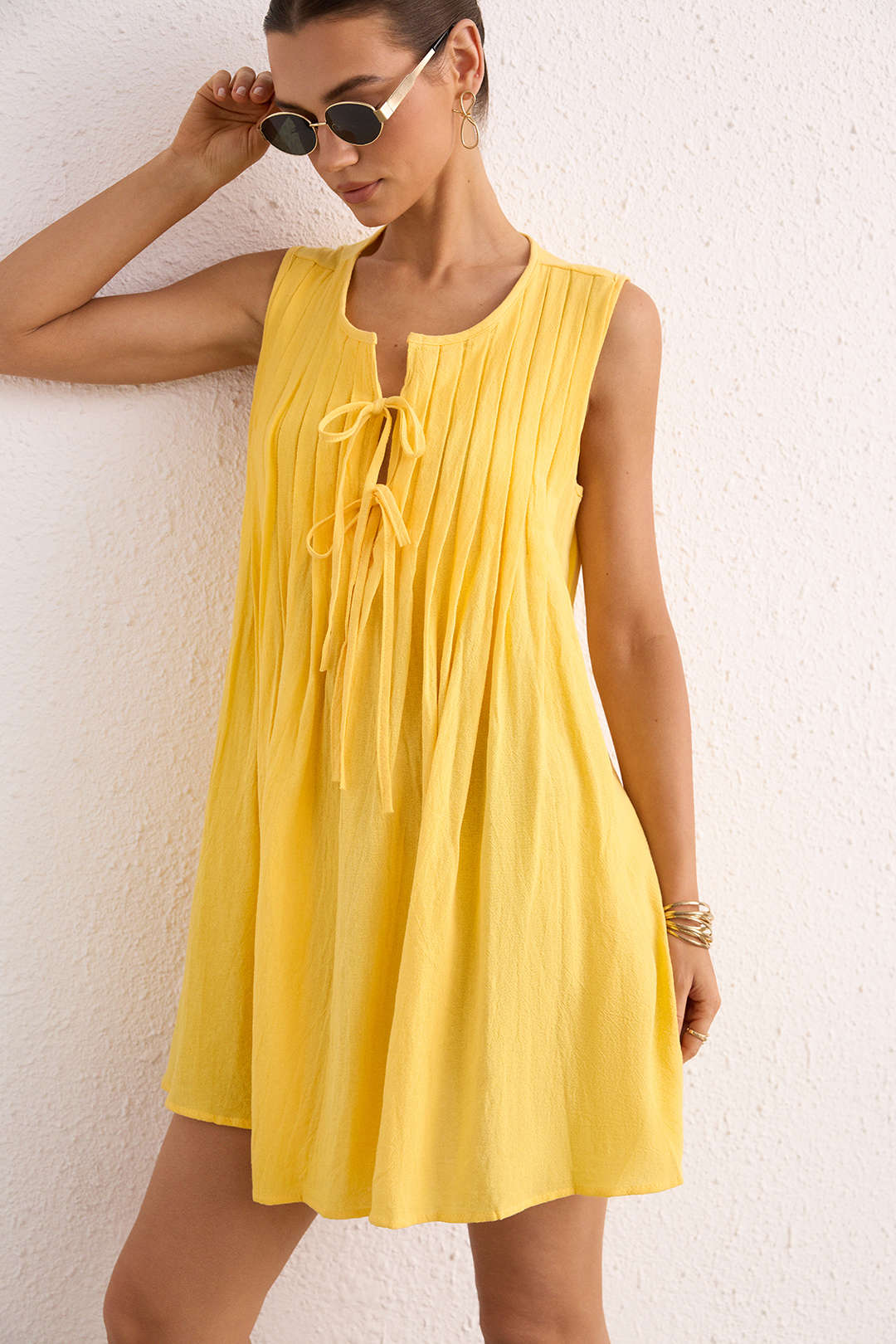 Round Neck Tie-Up Sleeveless Mini Dress