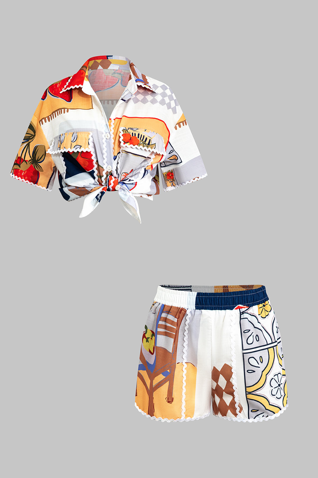 Artistic Print Lapel Seamdetail Short Sleeve Shirt And Shorts Set