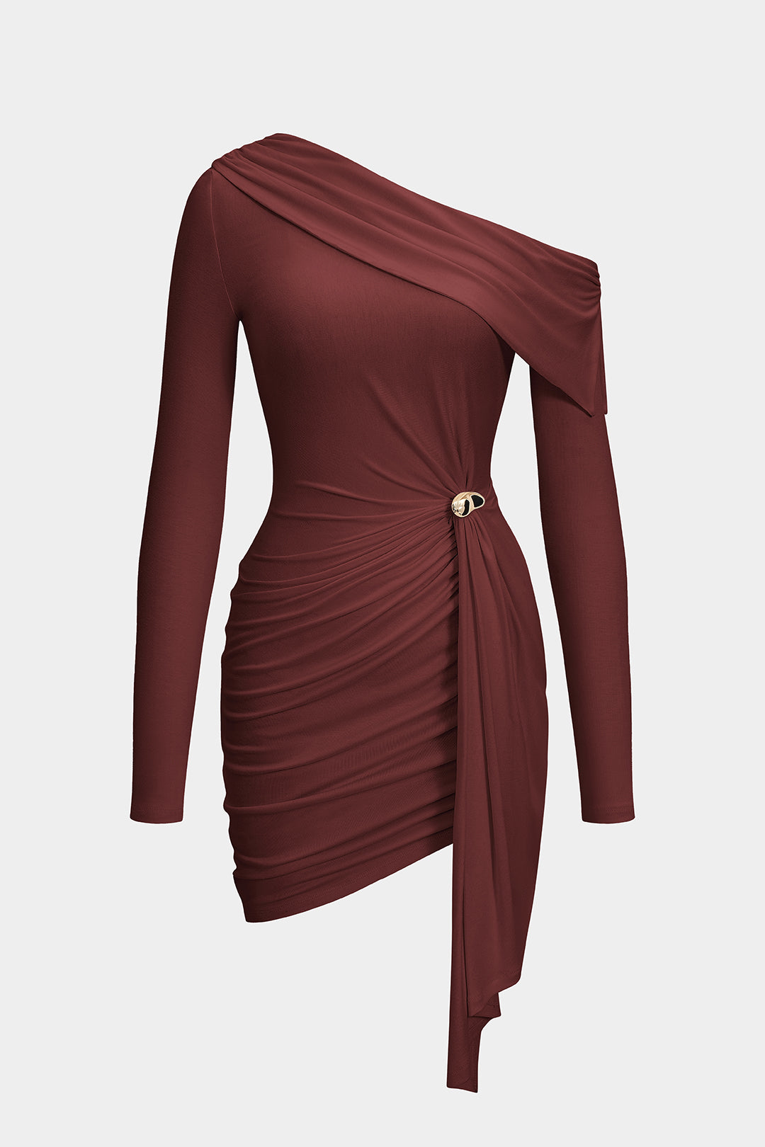 Robe midi froncée métallique asymétrique à manches longues