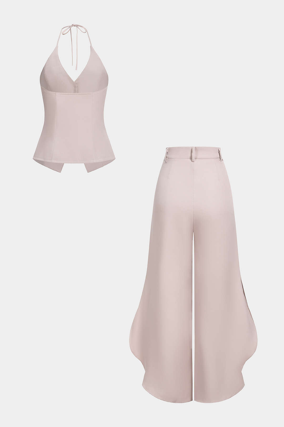 Neckholder-V-Ausschnitt-Trägertop mit Bindeband und weitem Hosen-Set mit seitlichem Schlitz