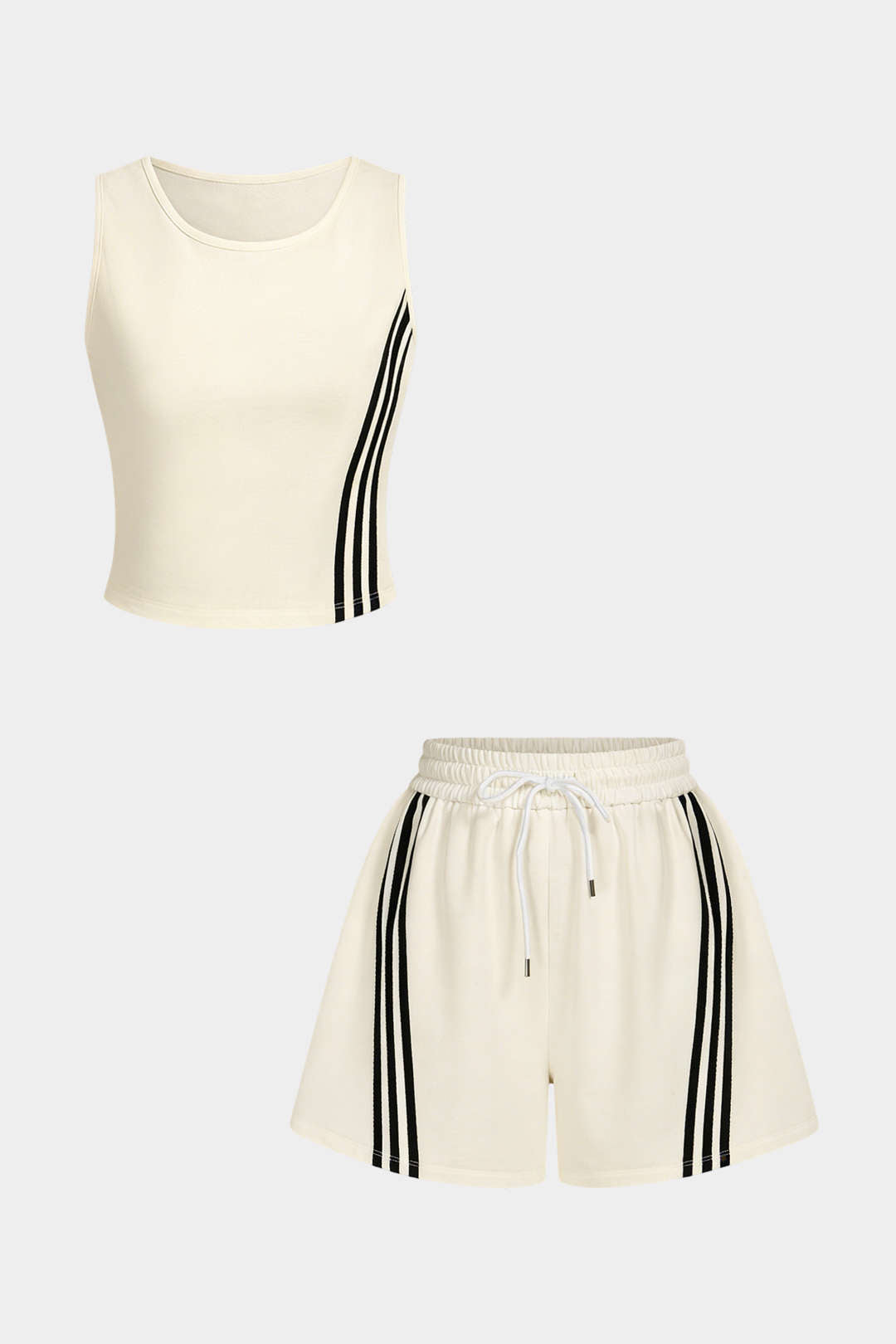 Gestreiftes Rundhals-Tanktop ohne Ärmel und weite Shorts mit Kordelzug-Set mit Kontrastfarben