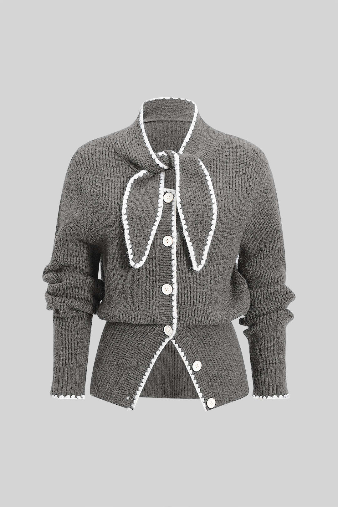 Knit Contrast Button Tie-Up Cardigan