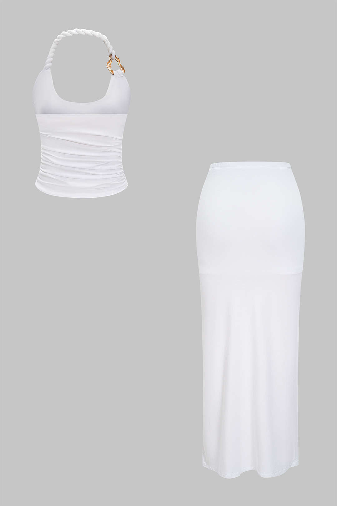 Asymmetrical Twist Knot Metallic Skirt Set