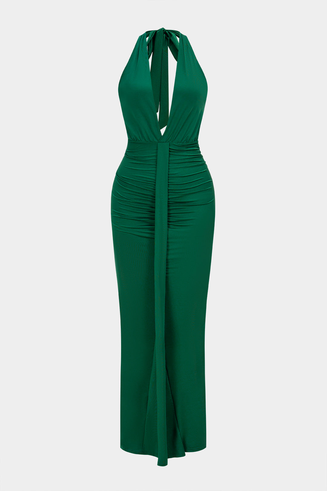 Neckholder Maxikleid mit tiefem V-Ausschnitt, Raffungen und Schnürung hinten