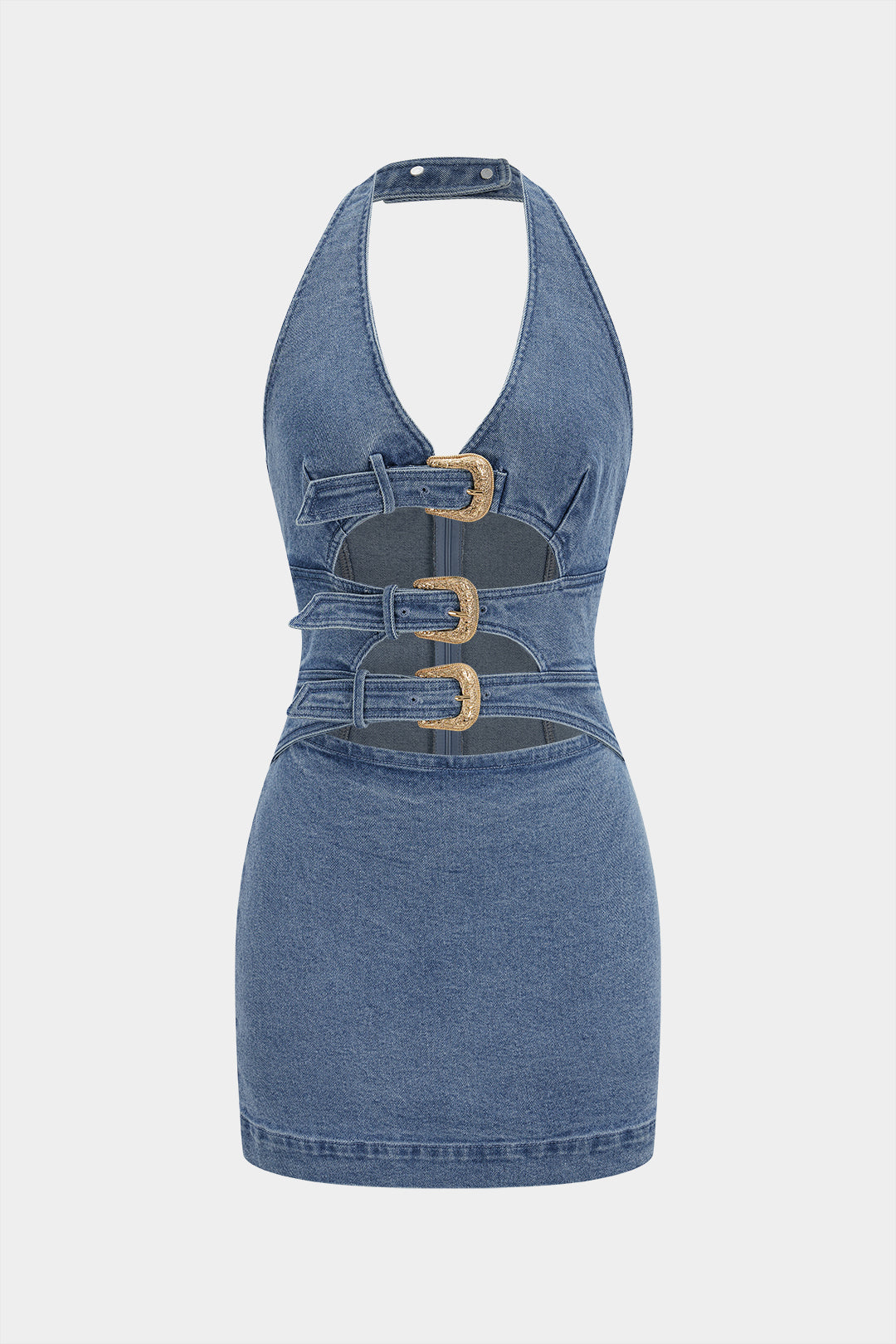 Jeans-Neckholder-Kleid mit V-Ausschnitt, Cut-Outs und schnallenverziertem Rückenausschnitt
