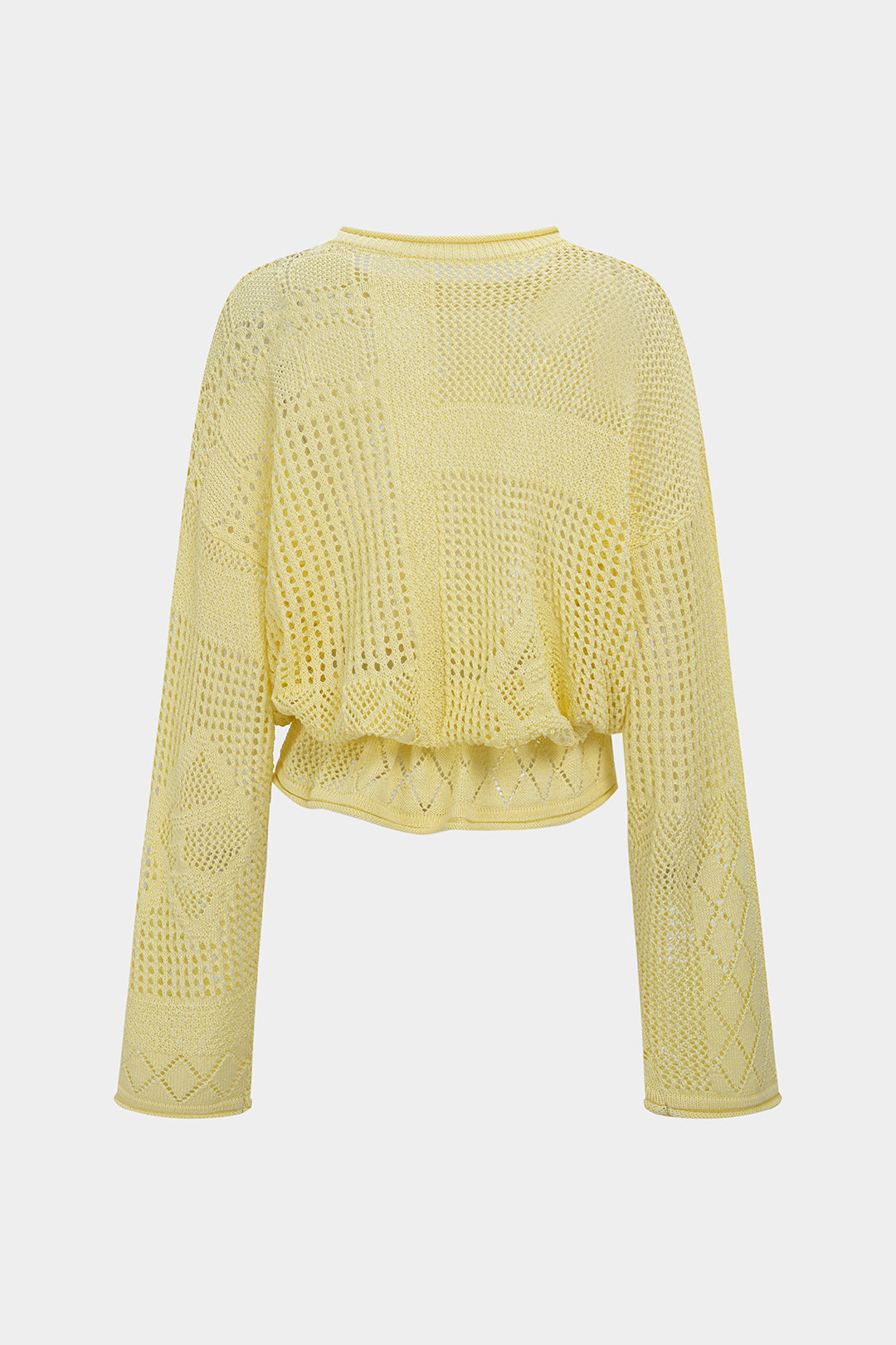 Open Knit Solid Geometric Round Neck Drawstring Long-Sleeve Top