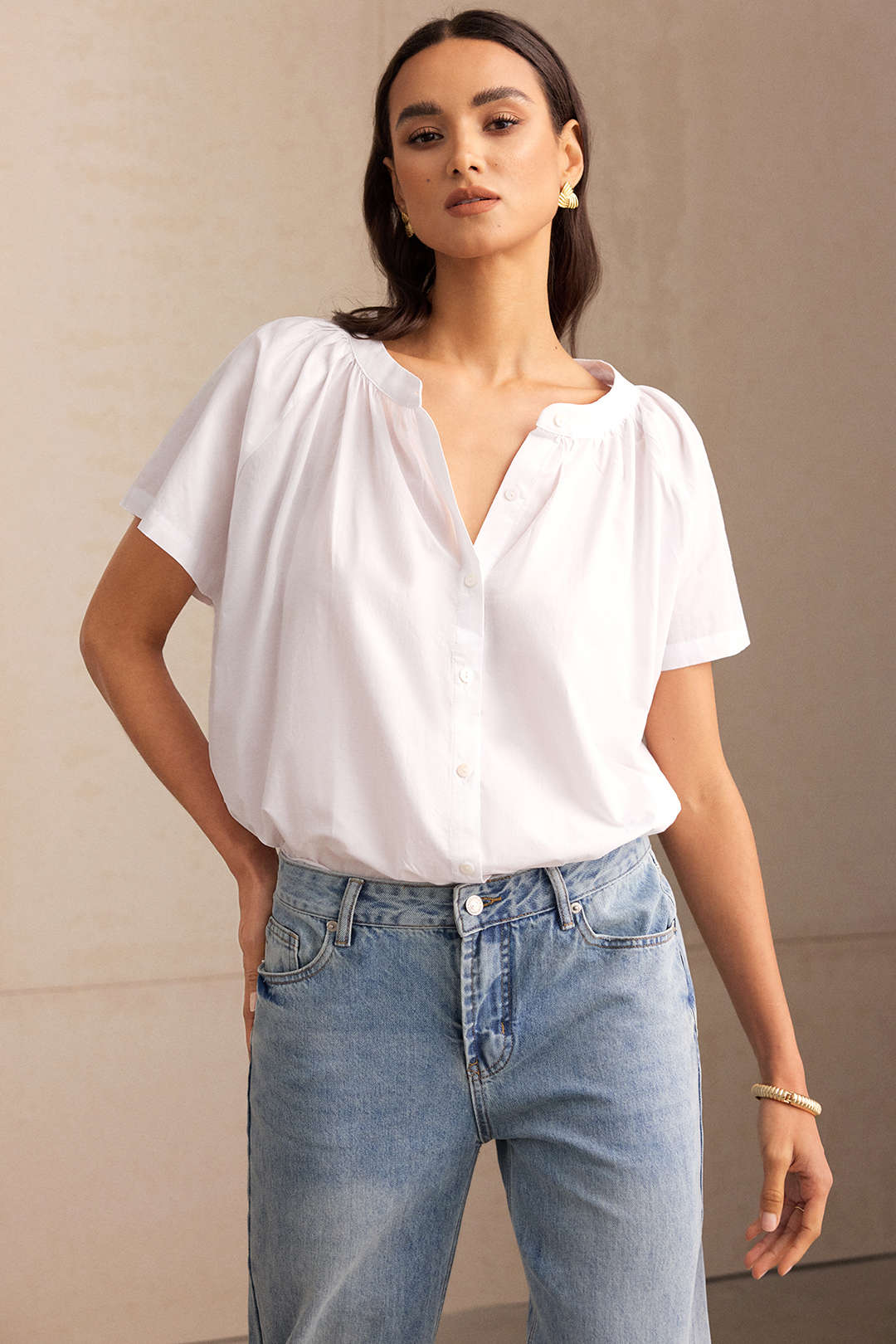 Round Neck Button Batwing Short-Sleeve Shirt