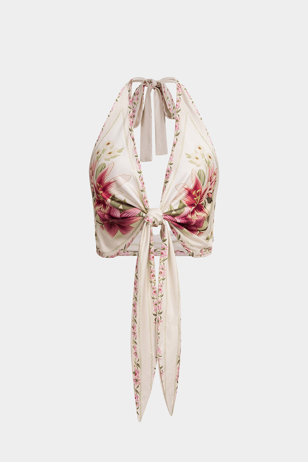Haut court sans manches dos nu à licou en satin imprimé floral