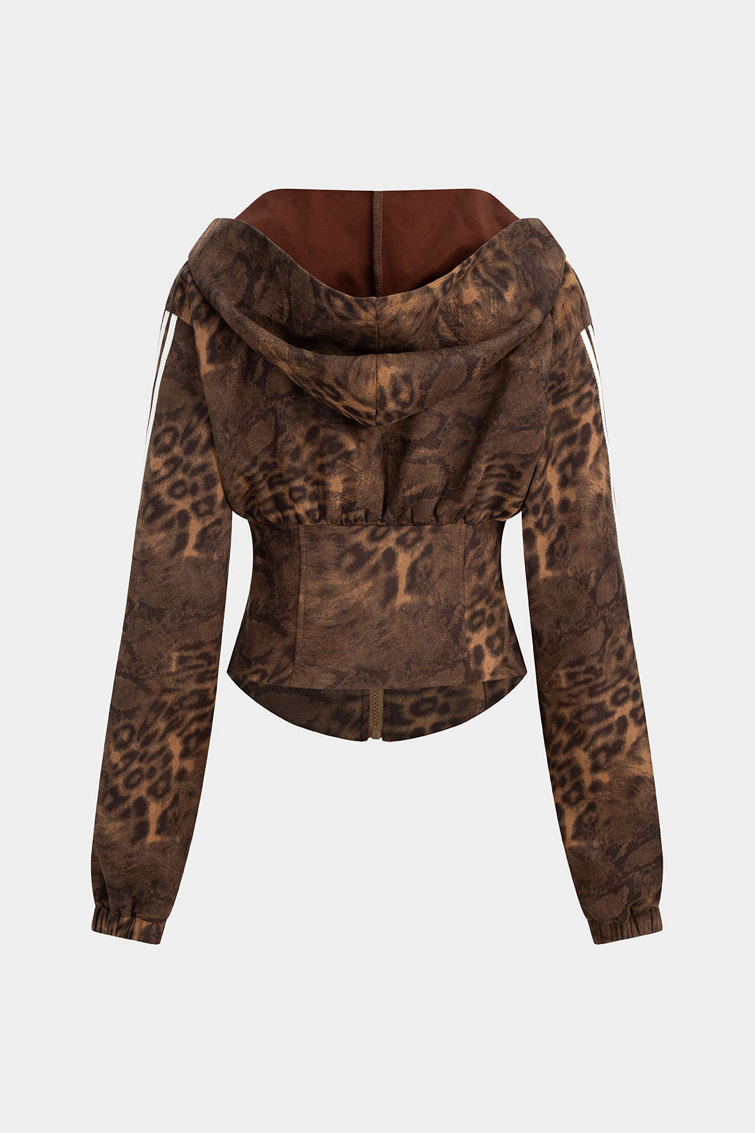 Leopard Stripes Print Zipper Waist-Cinching Long-Sleeve Hoodie