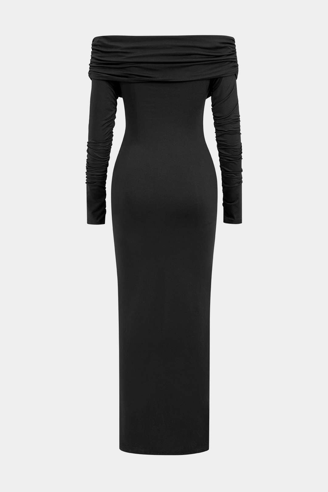 Robe longue drapée à épaules dénudées et ruchées