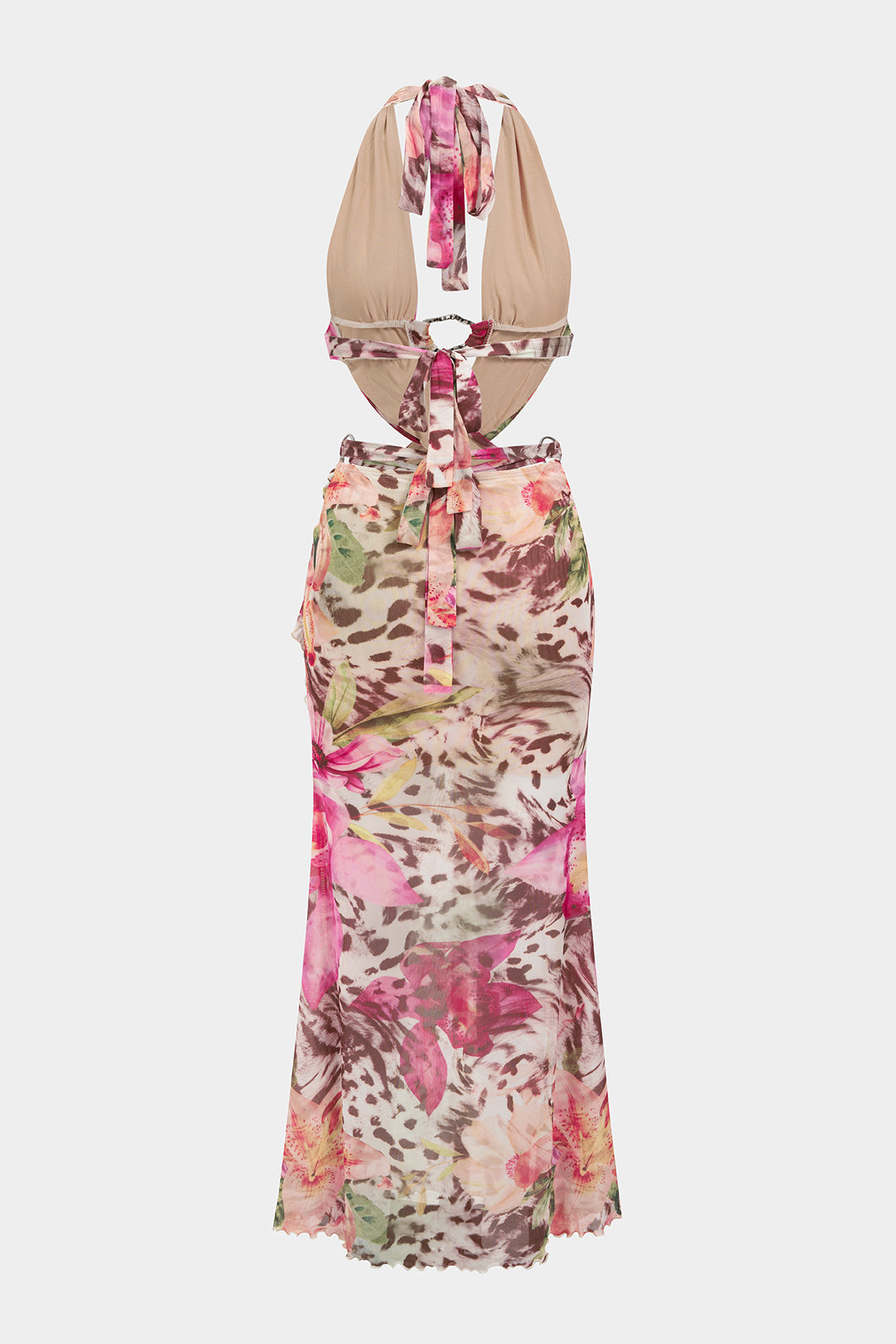 Floral Print Mesh Halter Neck Crossed Backless Sleeveless Maxi Dress