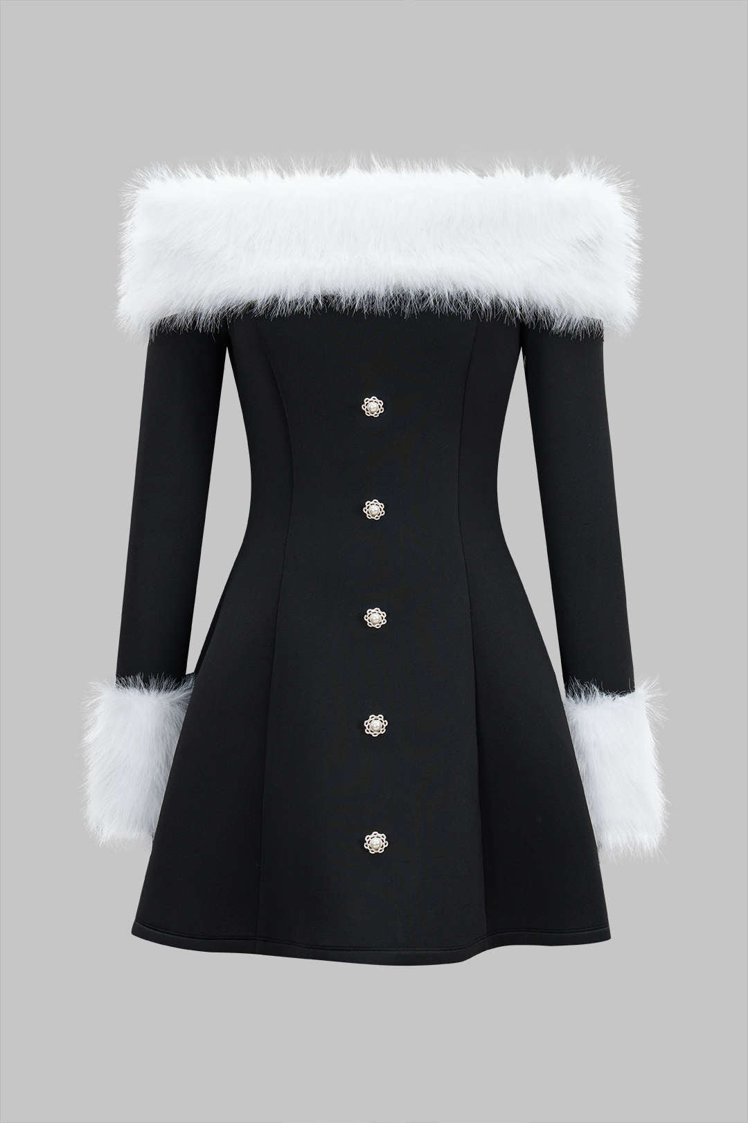 Mini-Kleid mit Pelzbesatz, Patchwork, schulterfrei, Knopfleiste und langen Ärmeln