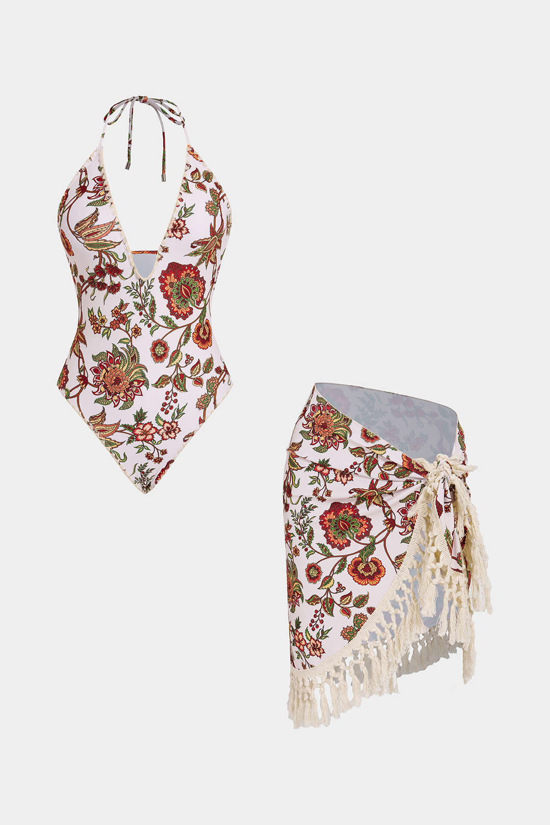 Bikini-Set mit V-Ausschnitt, Blumendruck und Fransen