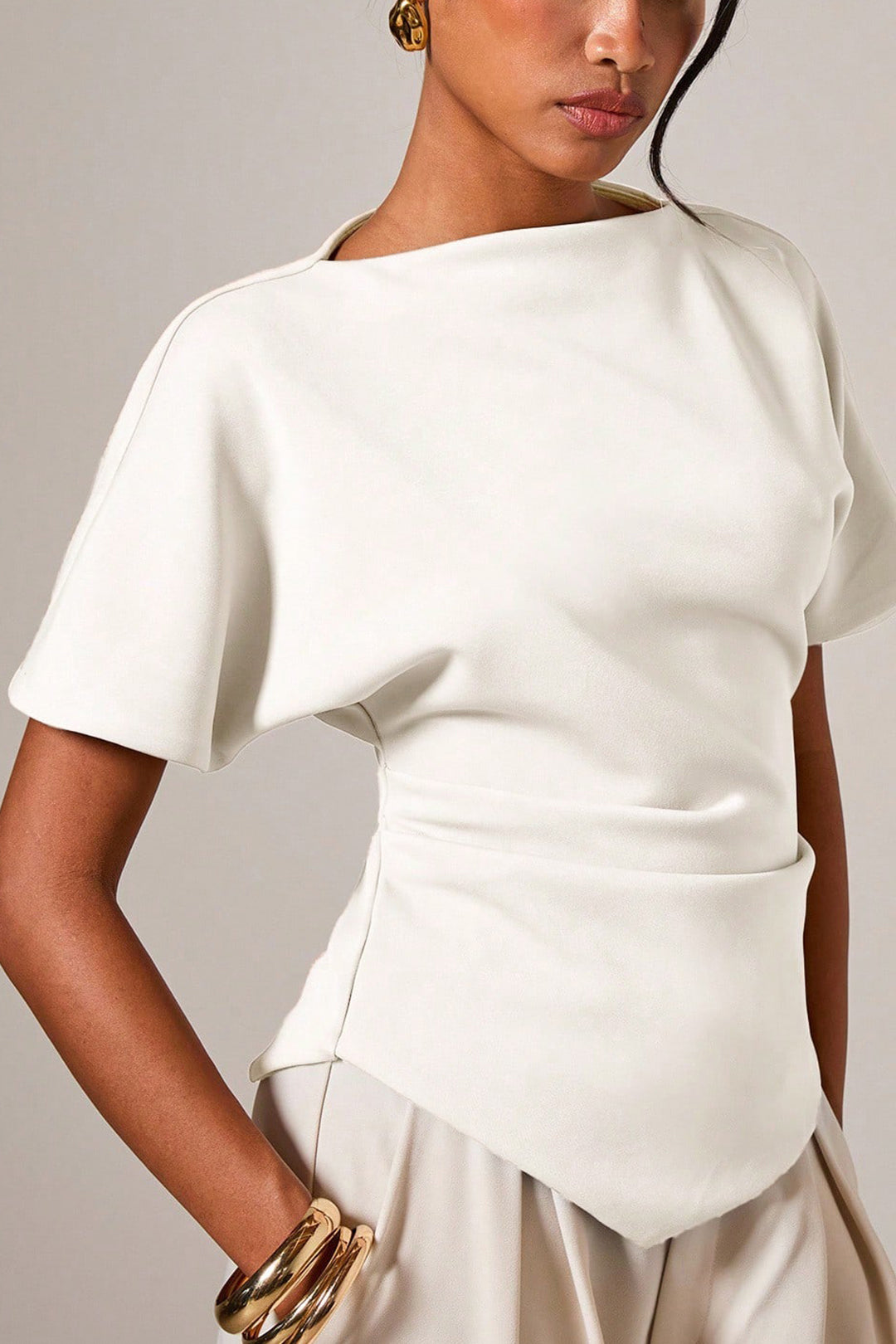 Solid Asymmetrical Ruched Short-Sleeve Shirt
