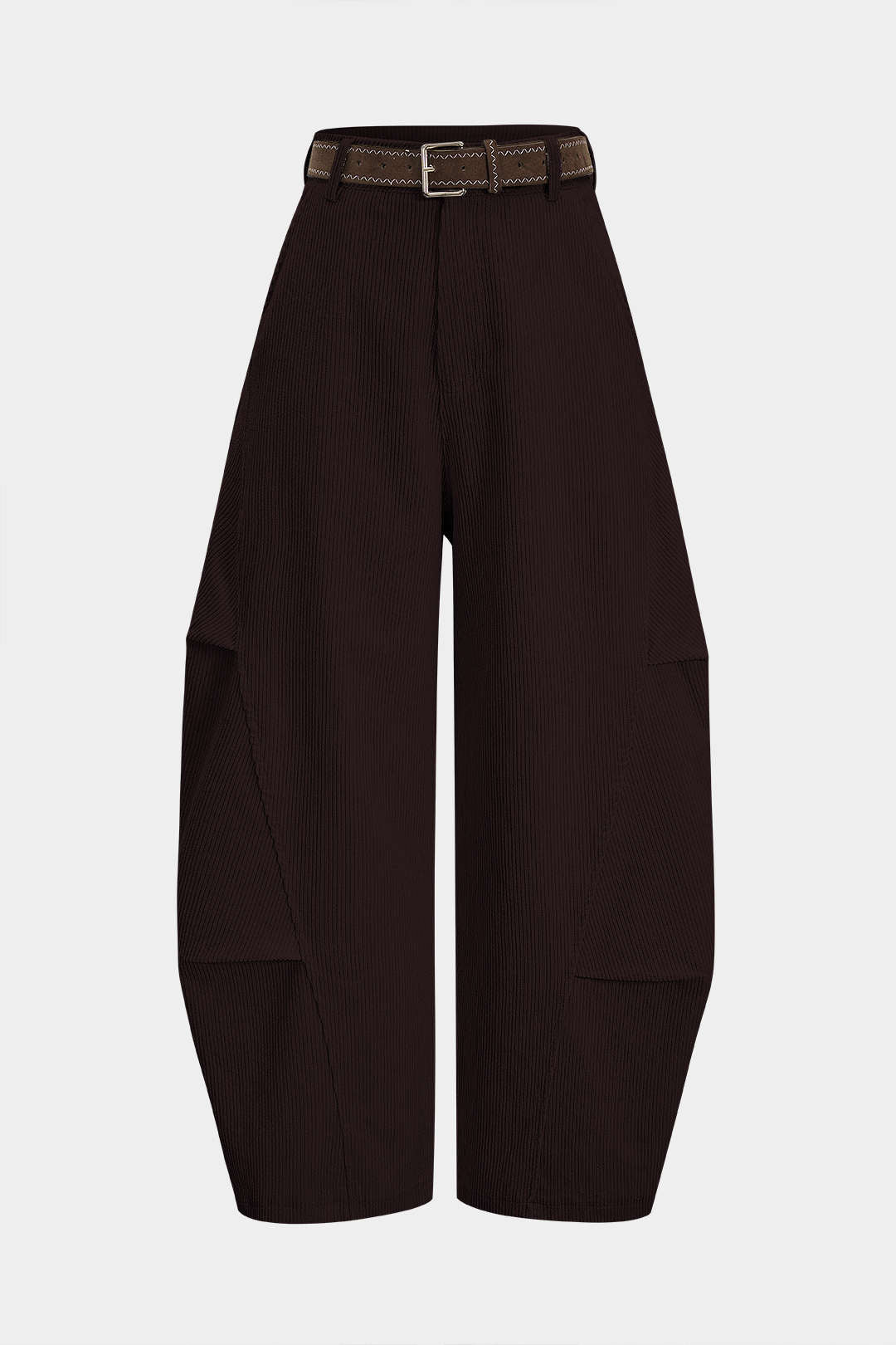 Cordhose mit Gürtel, geraffter hoher Taille und weitem Bein