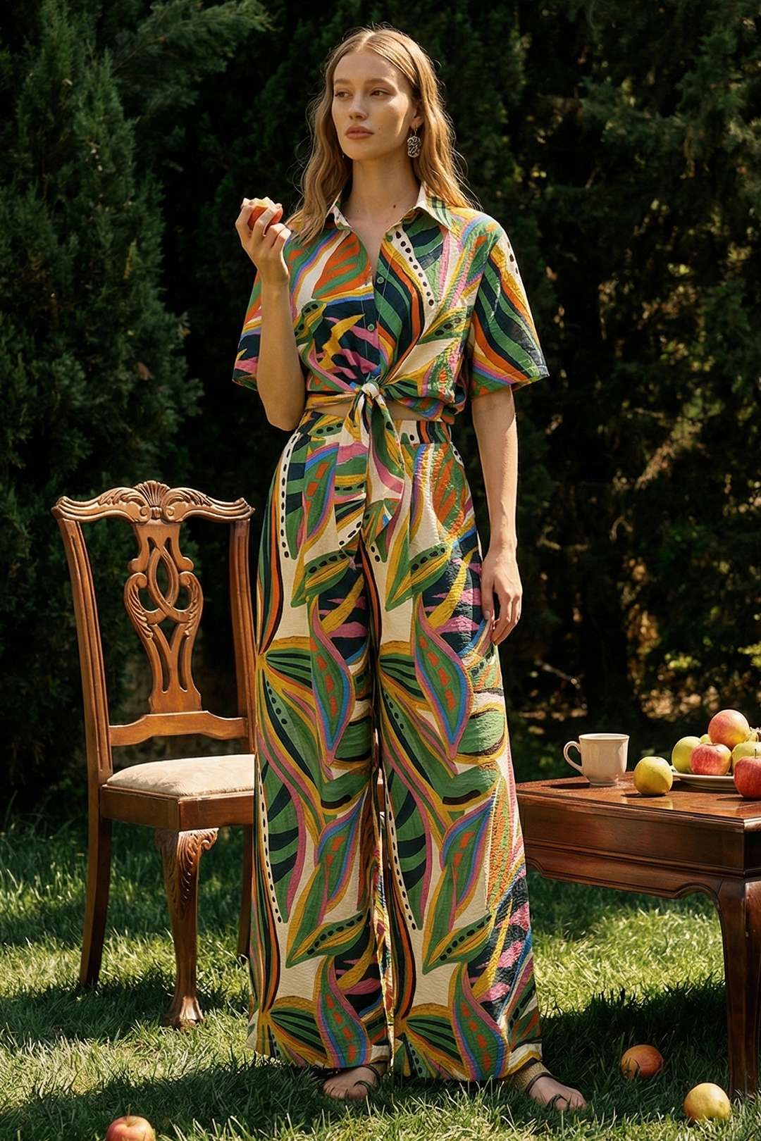 Leaves Contrast Print Wide Leg Pants