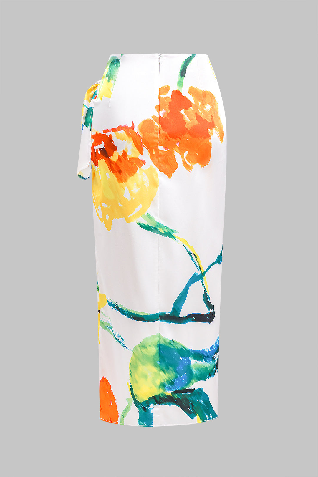 Floral Print Satin Ruched Tie Front Zipper Skirt