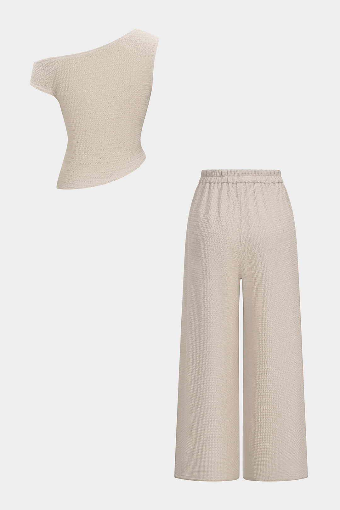 Set aus gerafftem, texturiertem One-Shoulder-Top und weit geschnittener Hose mit Gummibund