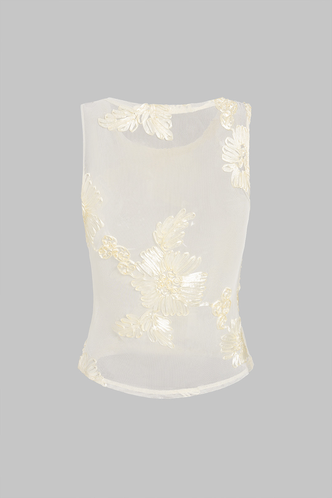 T-shirt sans manches brodé en maille transparente