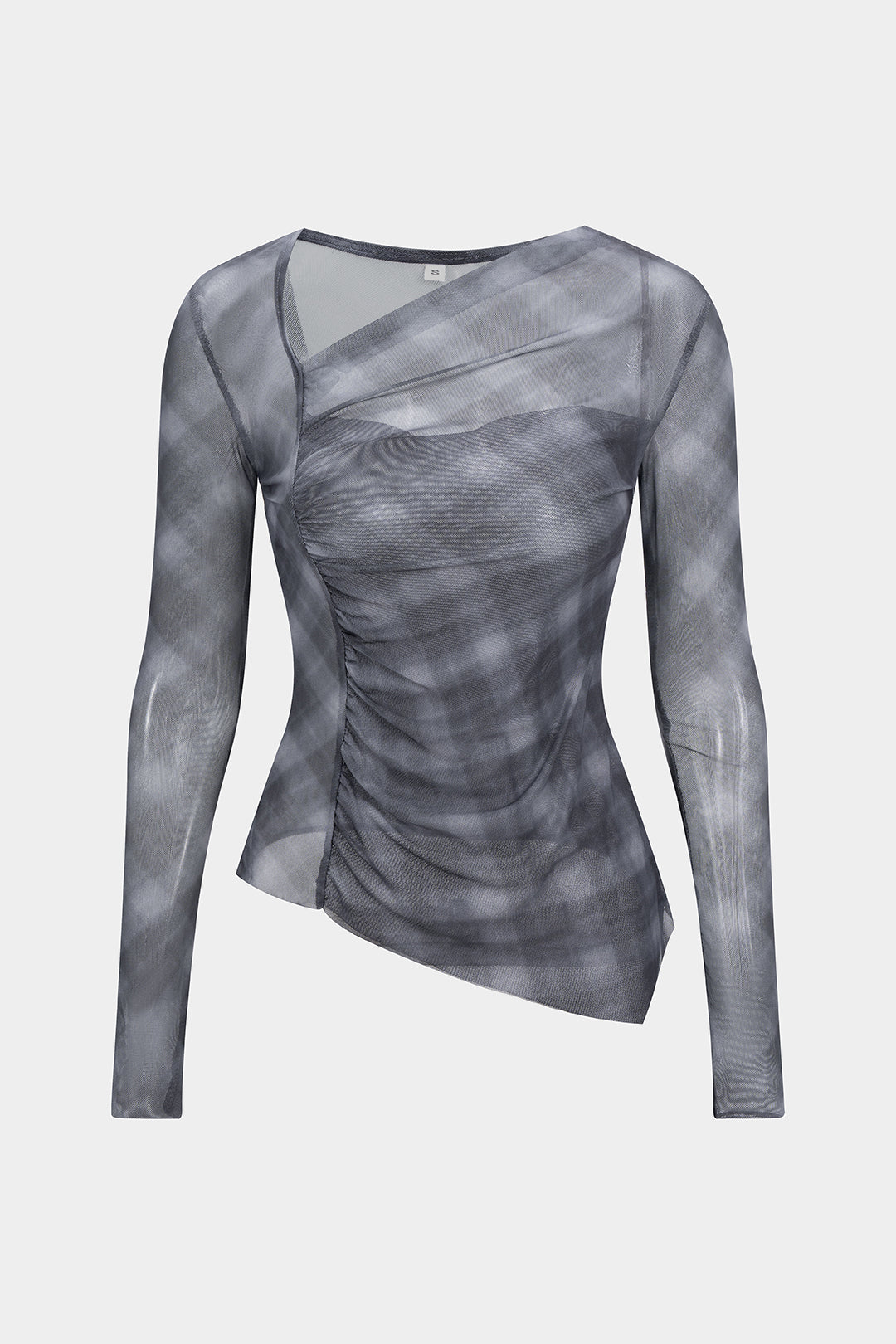 Plaid Print Sheer Mesh Asymmetrical Ruched Top