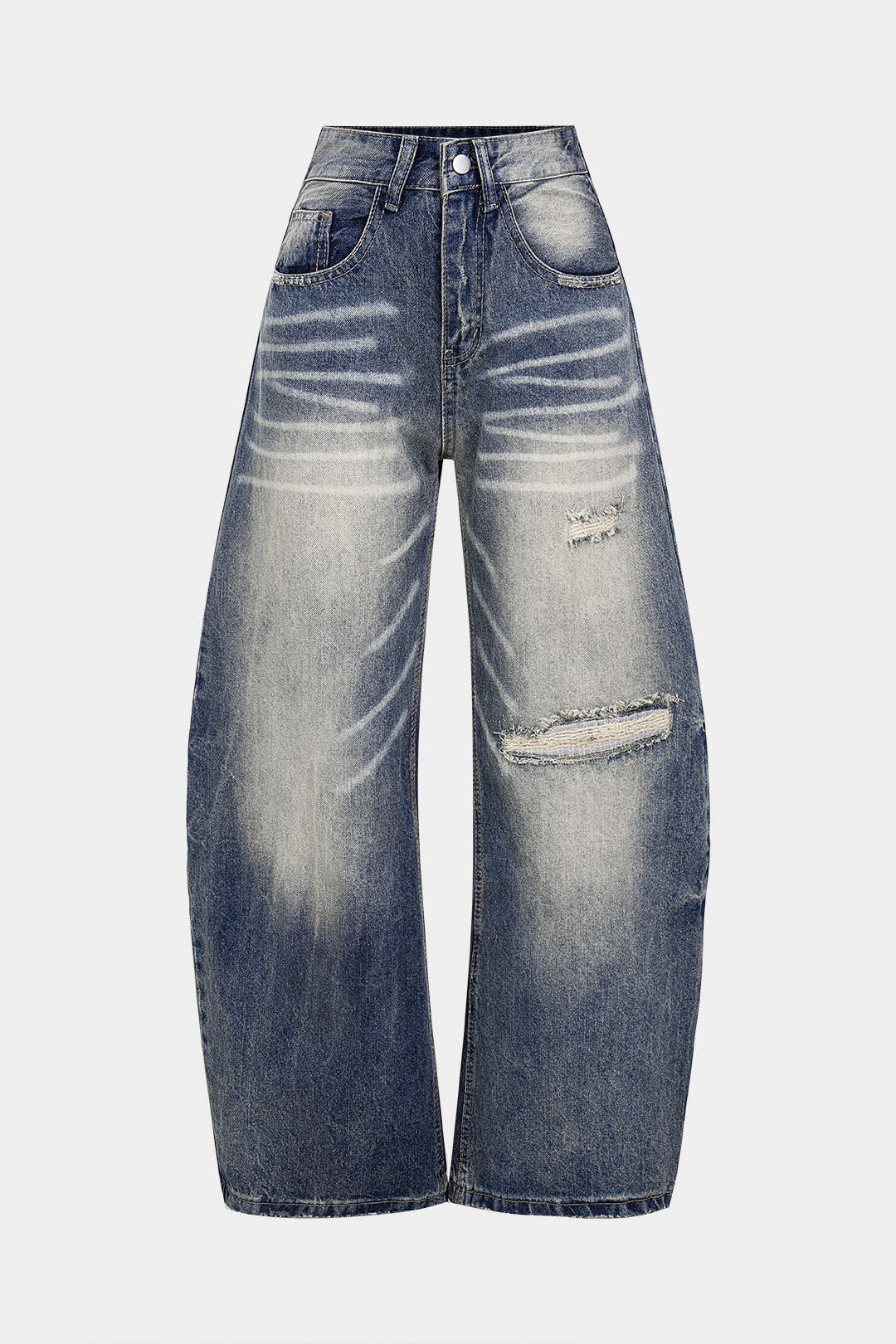 Jean droit asymétrique déchiré taille haute en denim