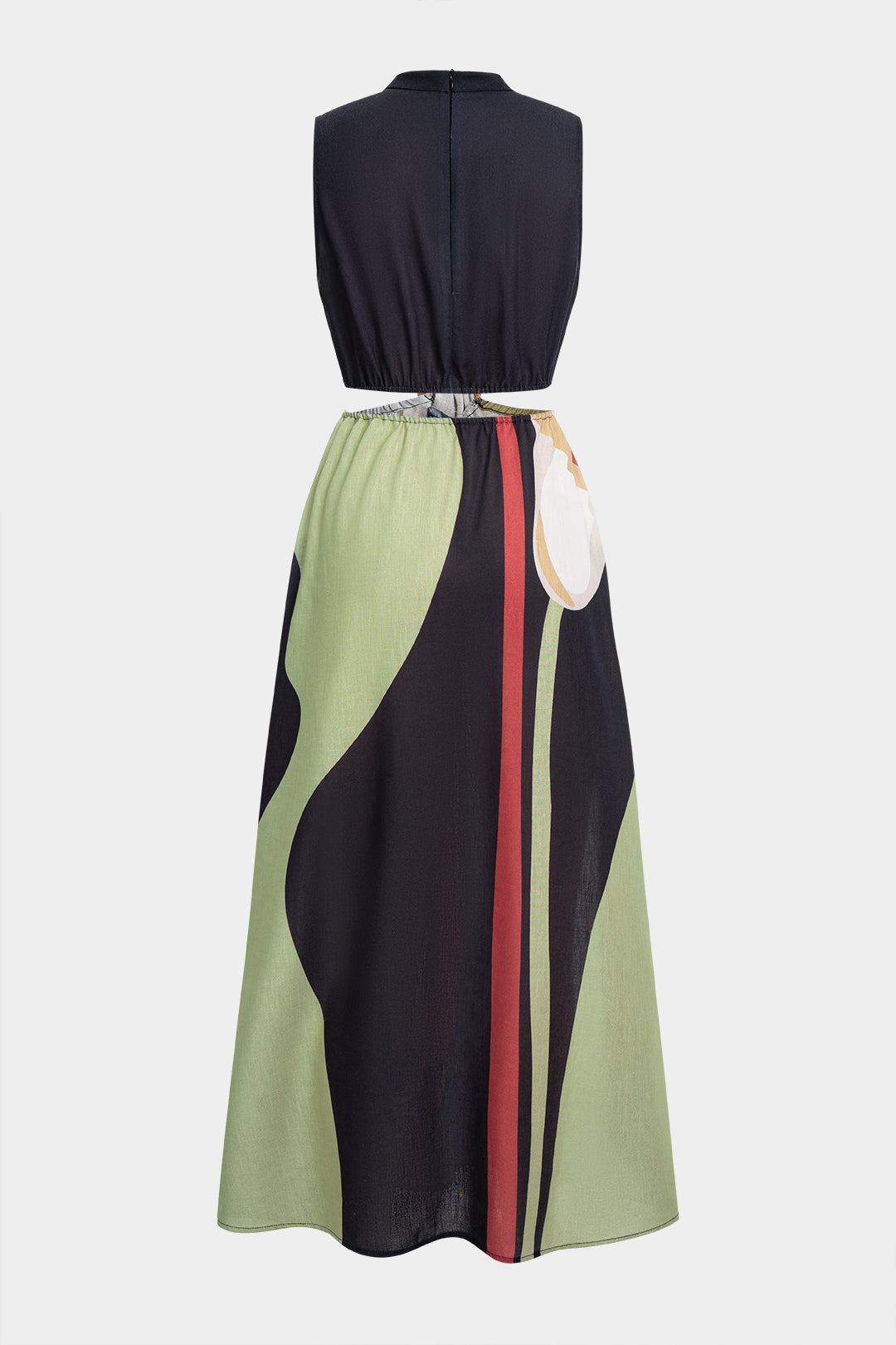 Maxikleid ärmellos mit abstraktem Blumendruck, Raffungen und Cut-Outs