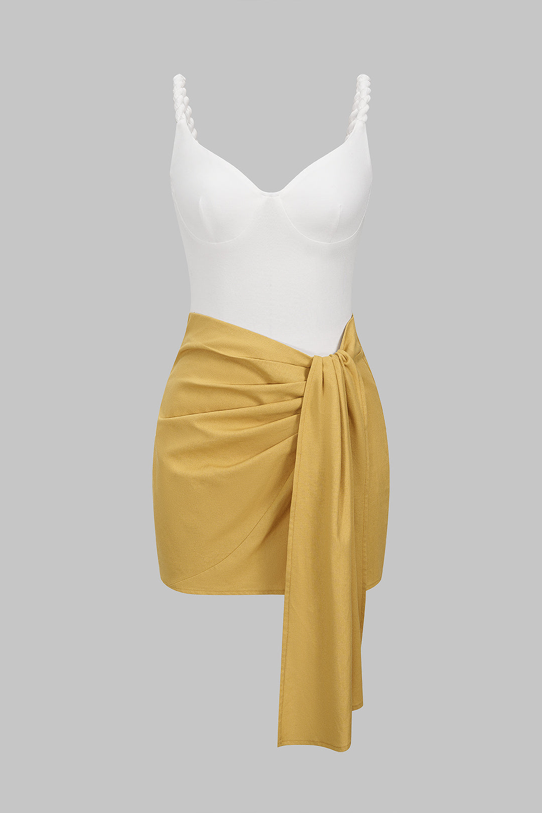 Leinen-Patchwork Twist-Knoten Geraffter Ärmelloser Body und Asymmetrischer Wickelrock-Set