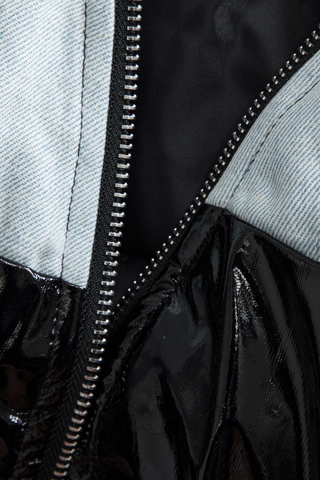 Veste longue matelassée à manches longues en jean, similicuir, froncé et patchwork zippé