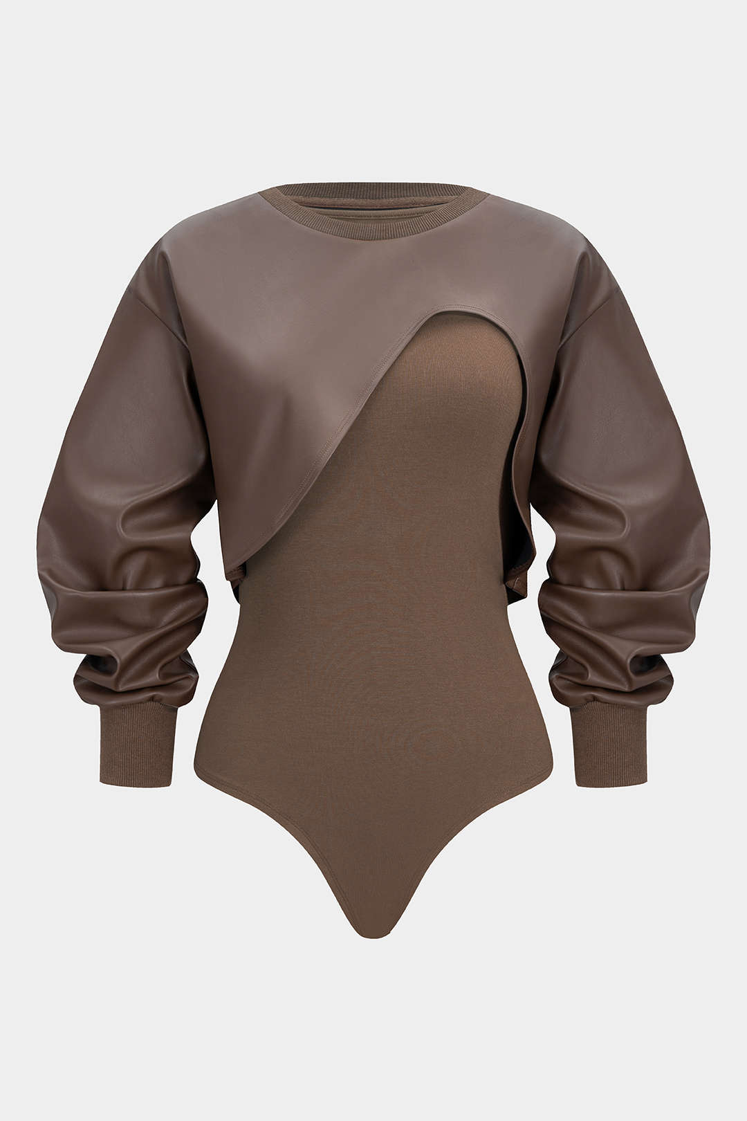 Faux Leather Patchwork Round Neck Asymmetrical Long Sleeve Bodysuit