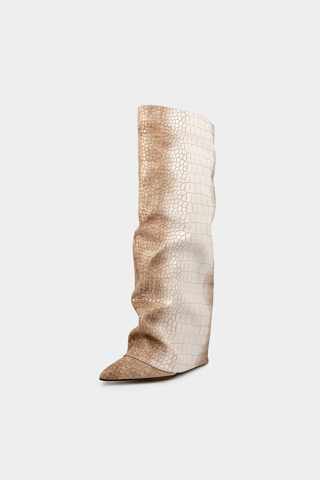 Ombre-Krokodilleder geraffte Stiefel mit spitzer Zehenpartie und Reißverschluss, Wadenhoch