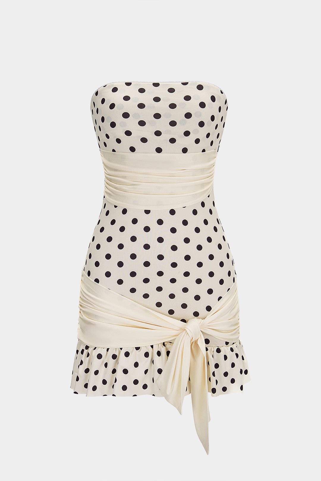 Polka Dots Print Satin Patchwork Strapless Tie-Up Sleeveless Mini Dress
