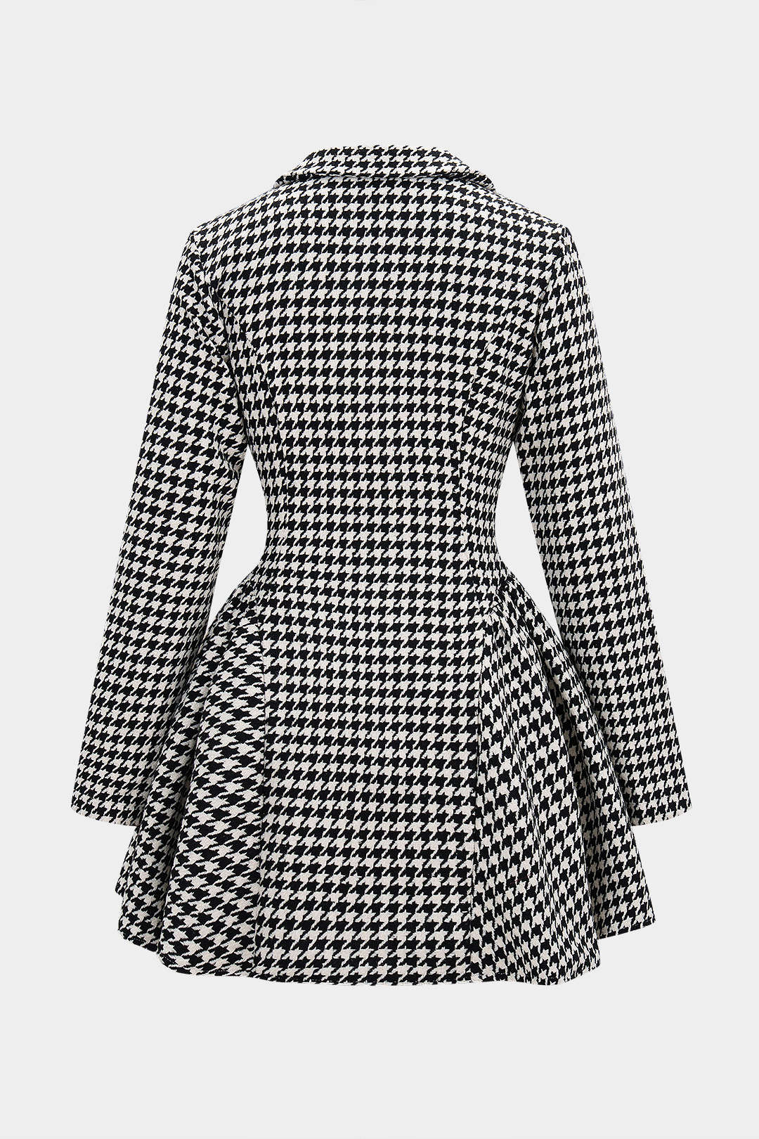 Kleid mit Hahnentrittmuster, Knopfleiste, Raffungen, V-Ausschnitt und langen Ärmeln