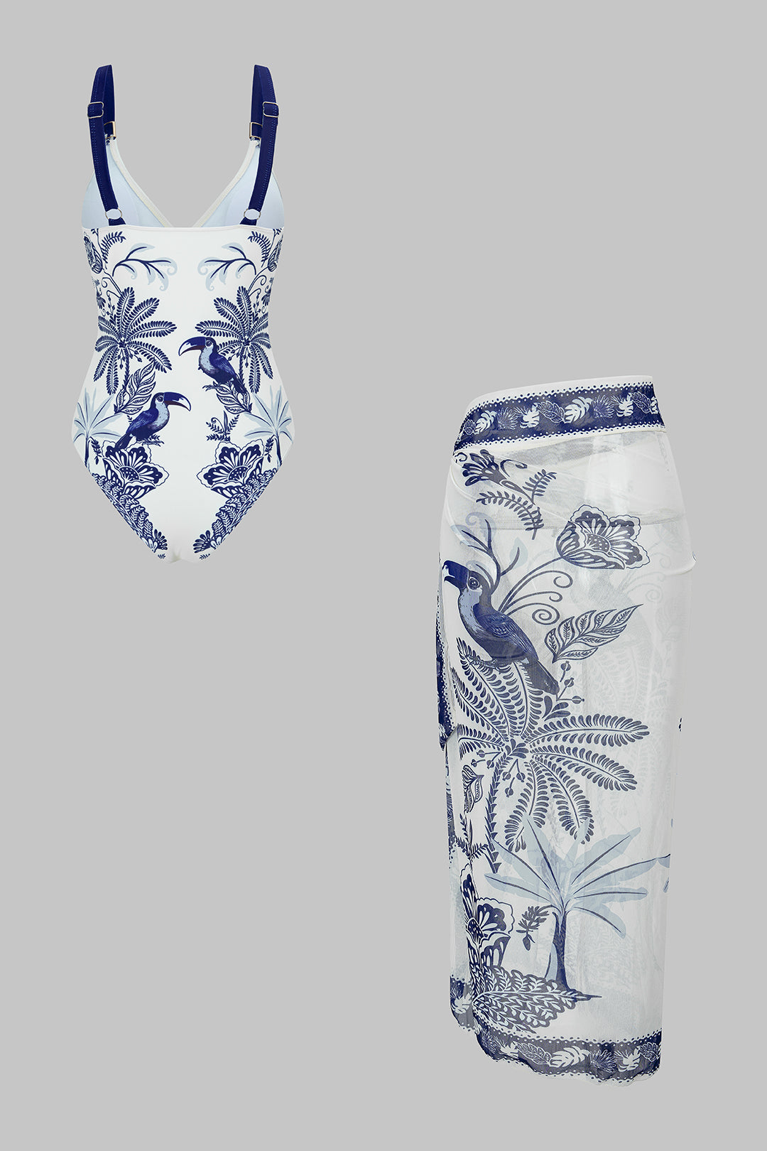 Bikini-Set mit Vogelmuster und Wickel-Oberteil, 3-teilig