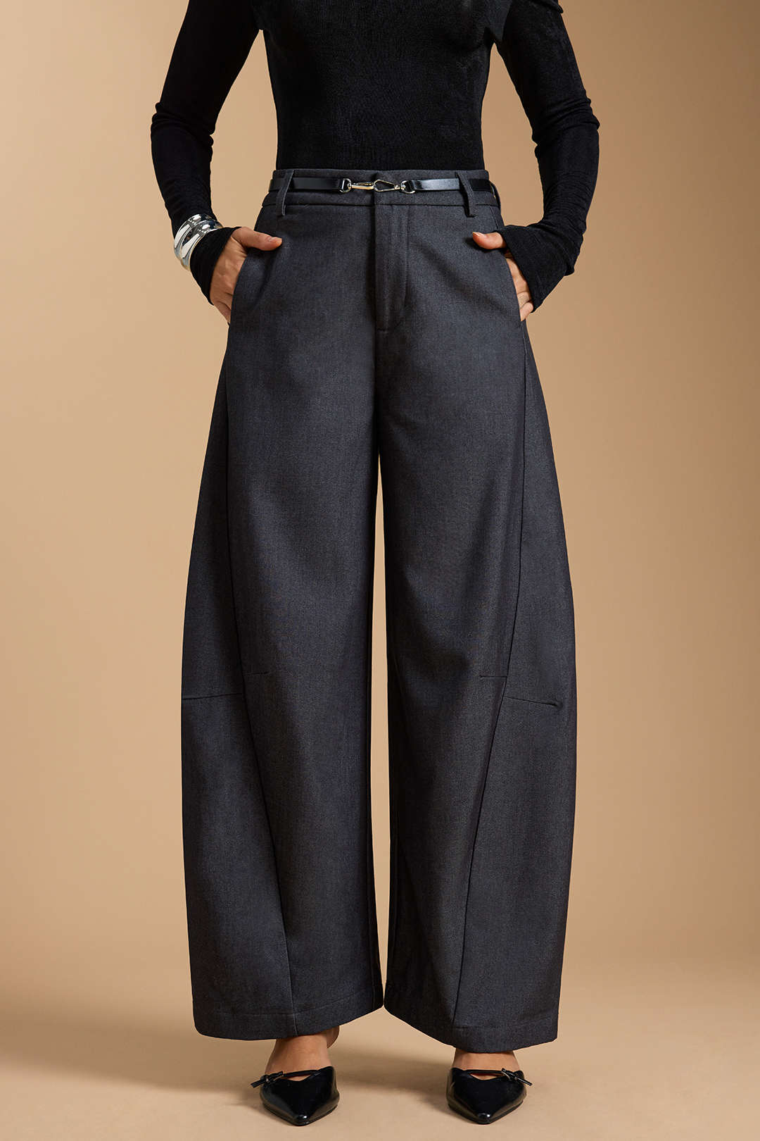 Zipper Belted Wide Leg Trousers