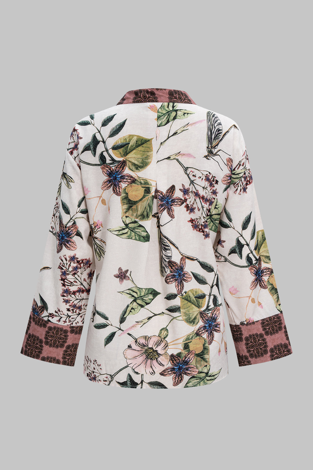Haut à manches longues à col en V et motif floral, avec lien à nouer