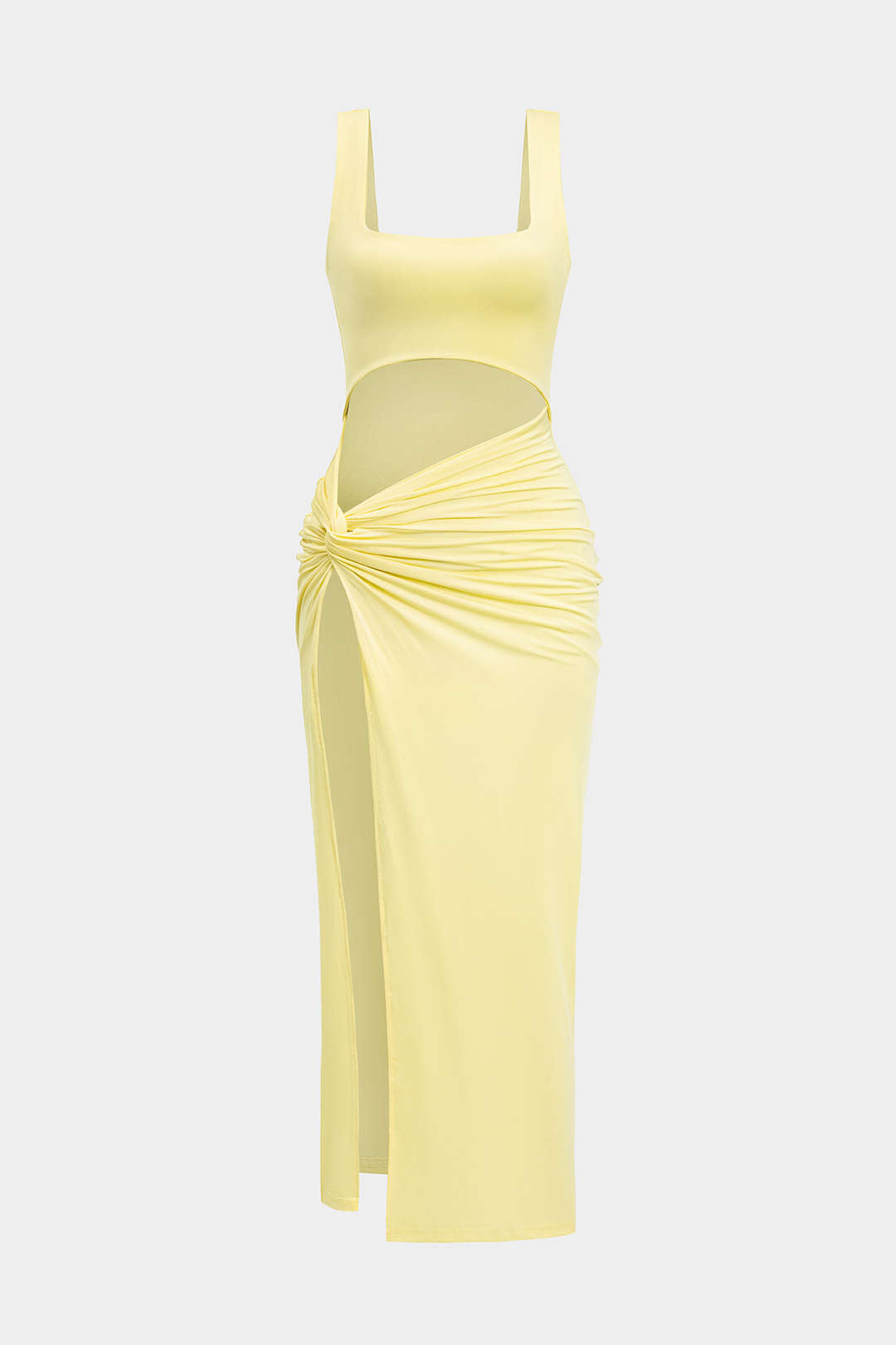 Robe midi unie avec découpe et fente à torsion sur le devant