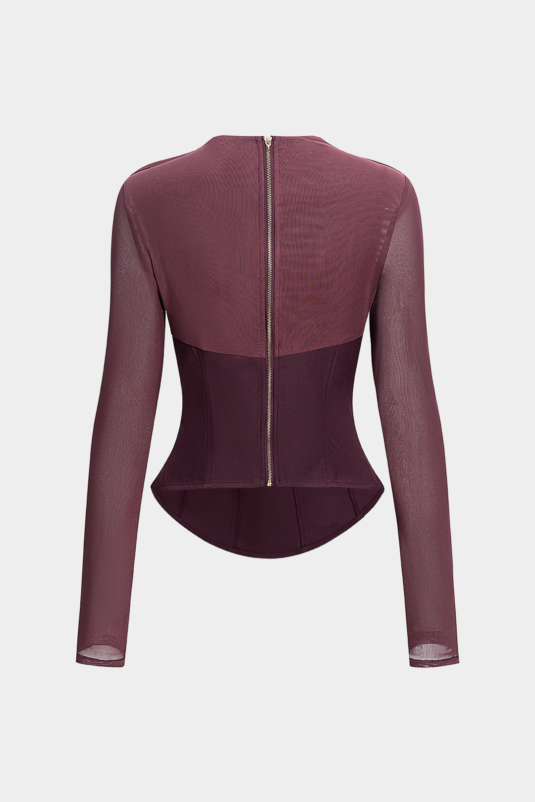 Mesh Patchwork Asymmetrical Ruched Long-Sleeve Top