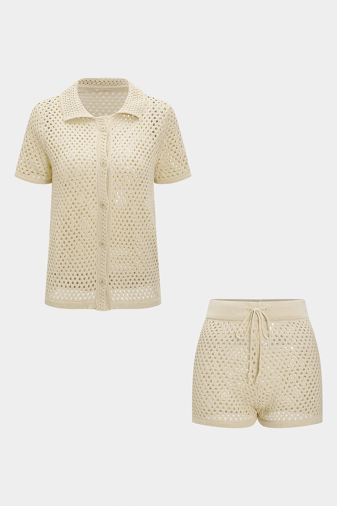 Gestricktes Oberteil mit Knöpfen, Cut-Out und kurzen Ärmeln und Shorts Set